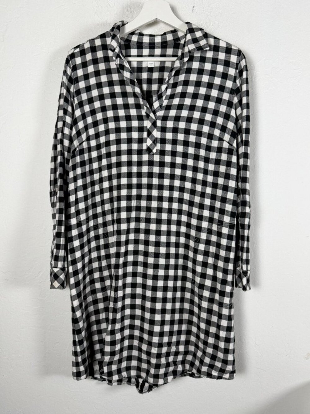 J. Jill Women Gingham Shirt Dress Black Plaid Long Sleeve Pullover Tunics Medium